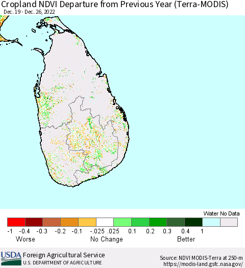Sri Lanka Cropland NDVI Departure from Previous Year (Terra-MODIS) Thematic Map For 12/21/2022 - 12/31/2022