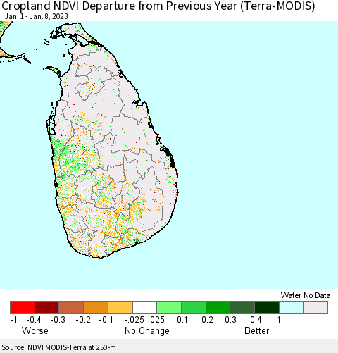 Sri Lanka Cropland NDVI Departure from Previous Year (Terra-MODIS) Thematic Map For 1/1/2023 - 1/8/2023