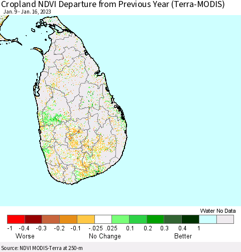 Sri Lanka Cropland NDVI Departure from Previous Year (Terra-MODIS) Thematic Map For 1/9/2023 - 1/16/2023