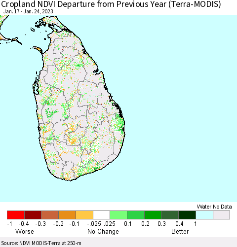 Sri Lanka Cropland NDVI Departure from Previous Year (Terra-MODIS) Thematic Map For 1/17/2023 - 1/24/2023