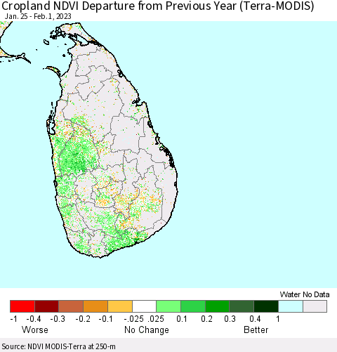 Sri Lanka Cropland NDVI Departure from Previous Year (Terra-MODIS) Thematic Map For 1/25/2023 - 2/1/2023