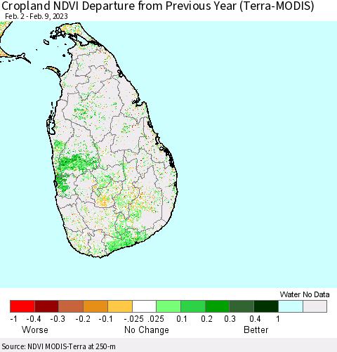 Sri Lanka Cropland NDVI Departure from Previous Year (Terra-MODIS) Thematic Map For 2/2/2023 - 2/9/2023
