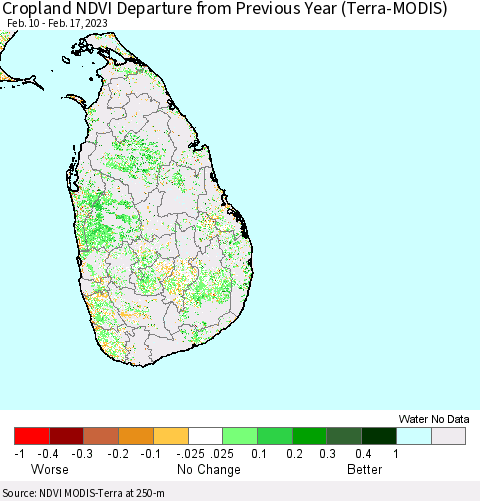 Sri Lanka Cropland NDVI Departure from Previous Year (Terra-MODIS) Thematic Map For 2/10/2023 - 2/17/2023