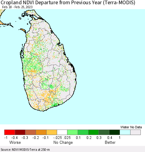 Sri Lanka Cropland NDVI Departure from Previous Year (Terra-MODIS) Thematic Map For 2/18/2023 - 2/25/2023