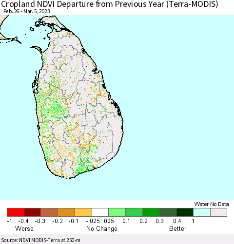 Sri Lanka Cropland NDVI Departure from Previous Year (Terra-MODIS) Thematic Map For 2/26/2023 - 3/5/2023