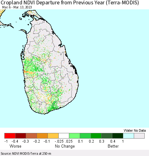 Sri Lanka Cropland NDVI Departure from Previous Year (Terra-MODIS) Thematic Map For 3/6/2023 - 3/13/2023