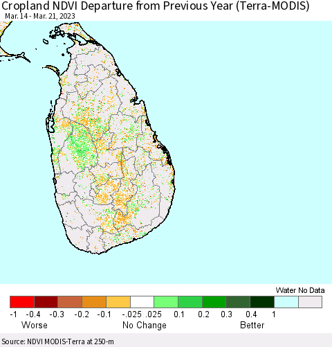 Sri Lanka Cropland NDVI Departure from Previous Year (Terra-MODIS) Thematic Map For 3/14/2023 - 3/21/2023