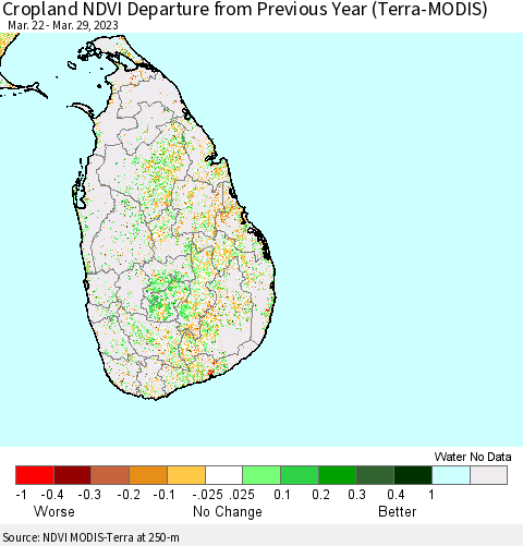 Sri Lanka Cropland NDVI Departure from Previous Year (Terra-MODIS) Thematic Map For 3/22/2023 - 3/29/2023