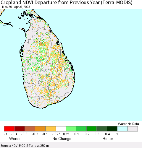 Sri Lanka Cropland NDVI Departure from Previous Year (Terra-MODIS) Thematic Map For 3/30/2023 - 4/6/2023