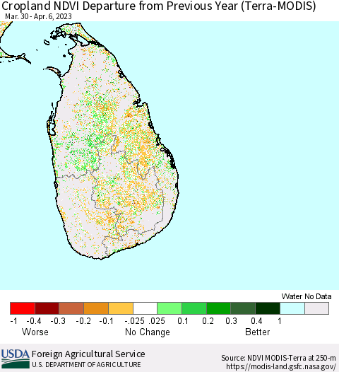 Sri Lanka Cropland NDVI Departure from Previous Year (Terra-MODIS) Thematic Map For 4/1/2023 - 4/10/2023