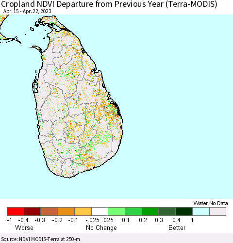 Sri Lanka Cropland NDVI Departure from Previous Year (Terra-MODIS) Thematic Map For 4/15/2023 - 4/22/2023