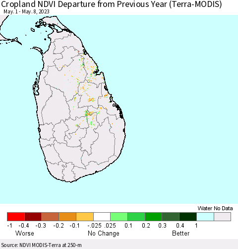 Sri Lanka Cropland NDVI Departure from Previous Year (Terra-MODIS) Thematic Map For 5/1/2023 - 5/8/2023