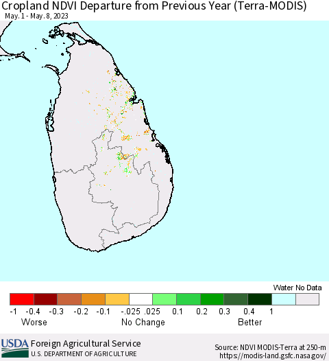 Sri Lanka Cropland NDVI Departure from Previous Year (Terra-MODIS) Thematic Map For 5/1/2023 - 5/10/2023
