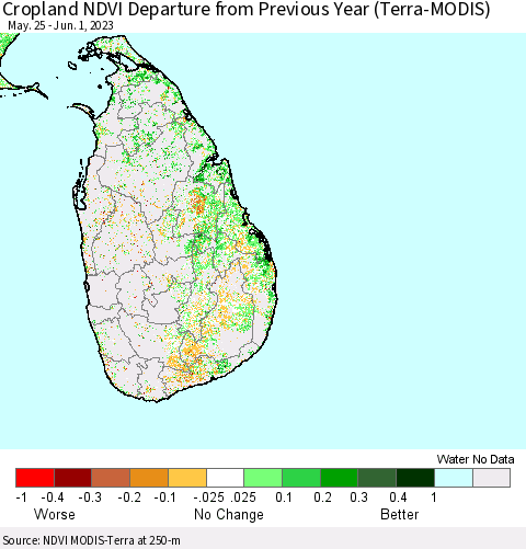 Sri Lanka Cropland NDVI Departure from Previous Year (Terra-MODIS) Thematic Map For 5/25/2023 - 6/1/2023