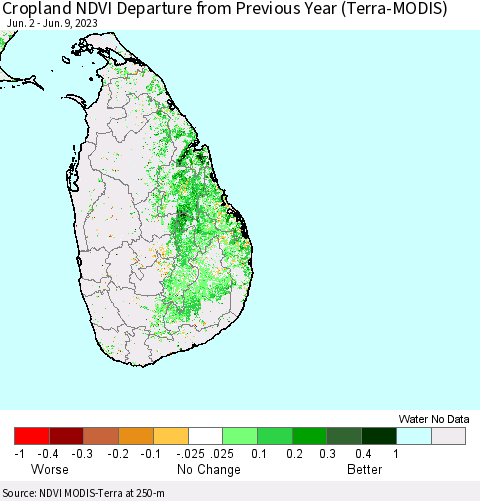 Sri Lanka Cropland NDVI Departure from Previous Year (Terra-MODIS) Thematic Map For 6/2/2023 - 6/9/2023