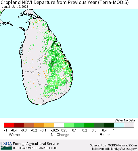 Sri Lanka Cropland NDVI Departure from Previous Year (Terra-MODIS) Thematic Map For 6/1/2023 - 6/10/2023