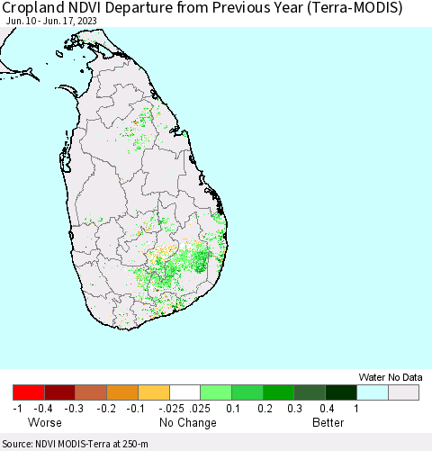 Sri Lanka Cropland NDVI Departure from Previous Year (Terra-MODIS) Thematic Map For 6/10/2023 - 6/17/2023