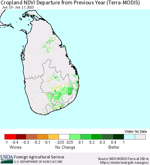 Sri Lanka Cropland NDVI Departure from Previous Year (Terra-MODIS) Thematic Map For 6/11/2023 - 6/20/2023