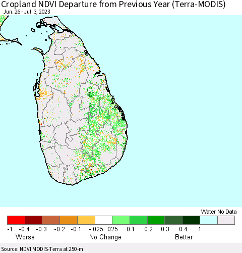 Sri Lanka Cropland NDVI Departure from Previous Year (Terra-MODIS) Thematic Map For 6/26/2023 - 7/3/2023