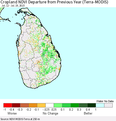 Sri Lanka Cropland NDVI Departure from Previous Year (Terra-MODIS) Thematic Map For 7/12/2023 - 7/19/2023