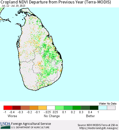 Sri Lanka Cropland NDVI Departure from Previous Year (Terra-MODIS) Thematic Map For 7/11/2023 - 7/20/2023