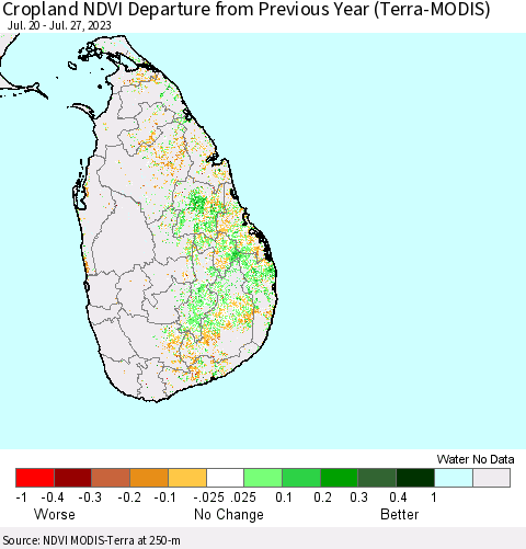 Sri Lanka Cropland NDVI Departure from Previous Year (Terra-MODIS) Thematic Map For 7/20/2023 - 7/27/2023