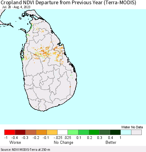 Sri Lanka Cropland NDVI Departure from Previous Year (Terra-MODIS) Thematic Map For 7/28/2023 - 8/4/2023