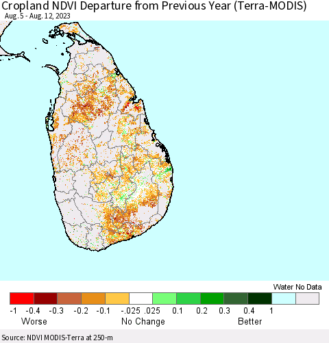 Sri Lanka Cropland NDVI Departure from Previous Year (Terra-MODIS) Thematic Map For 8/5/2023 - 8/12/2023