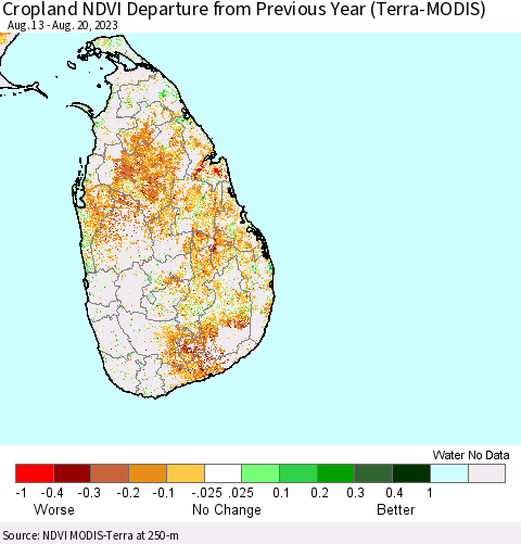 Sri Lanka Cropland NDVI Departure from Previous Year (Terra-MODIS) Thematic Map For 8/11/2023 - 8/20/2023