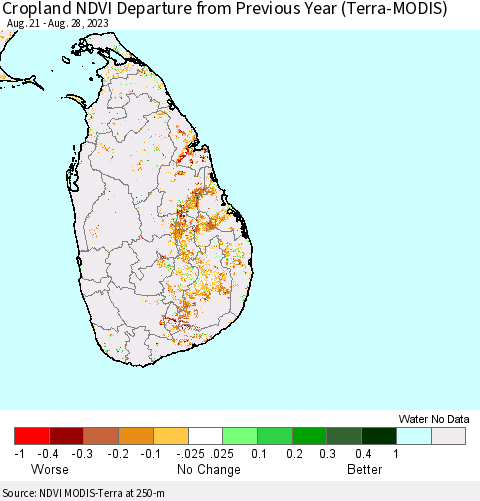 Sri Lanka Cropland NDVI Departure from Previous Year (Terra-MODIS) Thematic Map For 8/21/2023 - 8/28/2023