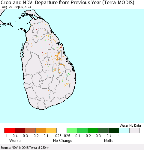 Sri Lanka Cropland NDVI Departure from Previous Year (Terra-MODIS) Thematic Map For 8/29/2023 - 9/5/2023