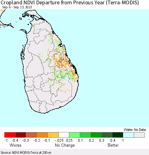 Sri Lanka Cropland NDVI Departure from Previous Year (Terra-MODIS) Thematic Map For 9/6/2023 - 9/13/2023