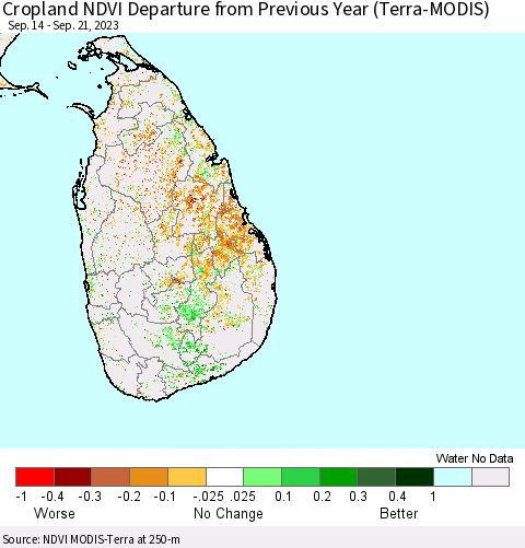 Sri Lanka Cropland NDVI Departure from Previous Year (Terra-MODIS) Thematic Map For 9/14/2023 - 9/21/2023