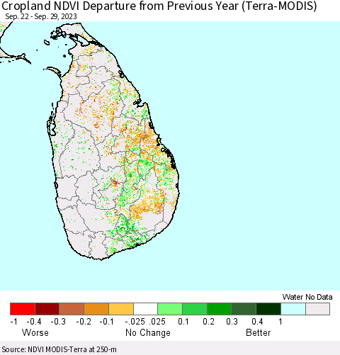 Sri Lanka Cropland NDVI Departure from Previous Year (Terra-MODIS) Thematic Map For 9/22/2023 - 9/29/2023