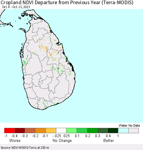Sri Lanka Cropland NDVI Departure from Previous Year (Terra-MODIS) Thematic Map For 10/8/2023 - 10/15/2023