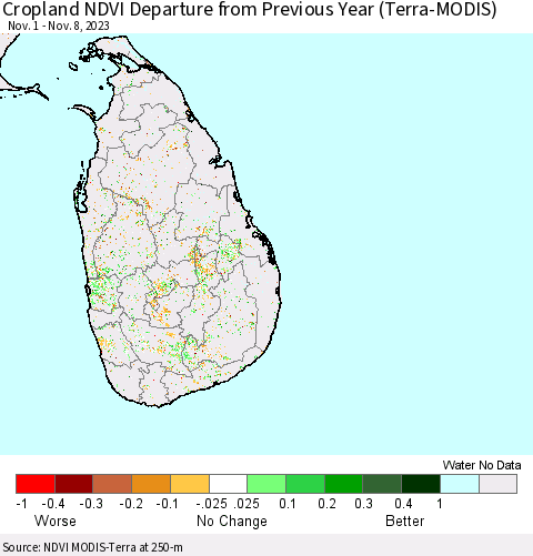Sri Lanka Cropland NDVI Departure from Previous Year (Terra-MODIS) Thematic Map For 11/1/2023 - 11/8/2023