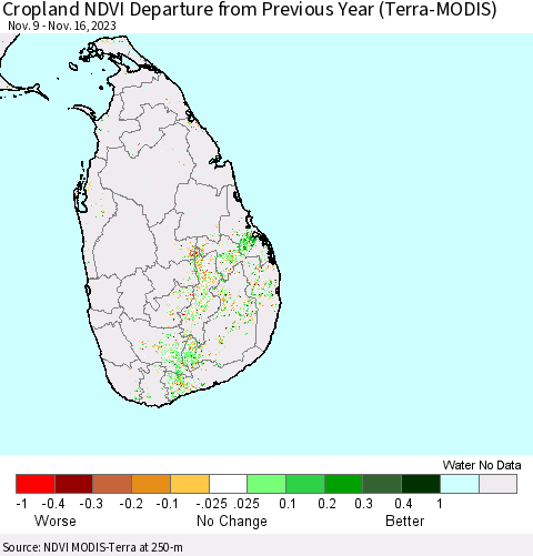 Sri Lanka Cropland NDVI Departure from Previous Year (Terra-MODIS) Thematic Map For 11/9/2023 - 11/16/2023