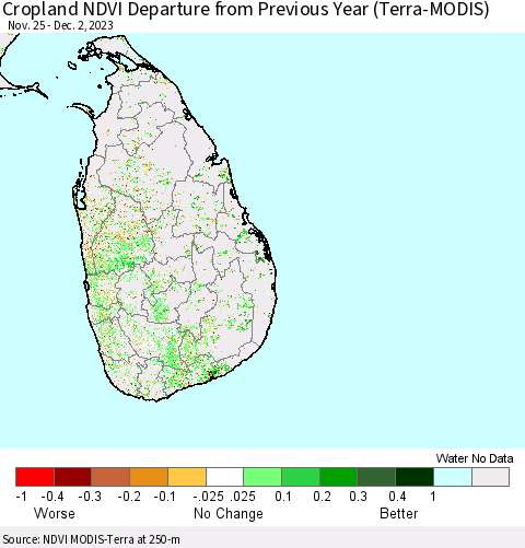 Sri Lanka Cropland NDVI Departure from Previous Year (Terra-MODIS) Thematic Map For 11/25/2023 - 12/2/2023