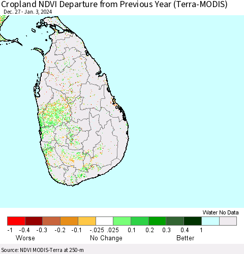Sri Lanka Cropland NDVI Departure from Previous Year (Terra-MODIS) Thematic Map For 12/27/2023 - 1/3/2024