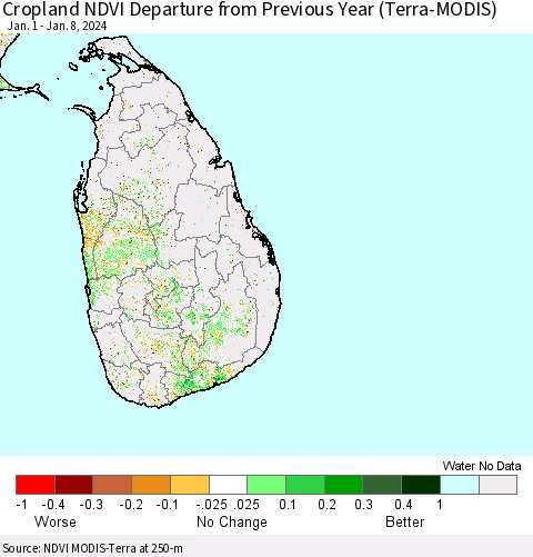 Sri Lanka Cropland NDVI Departure from Previous Year (Terra-MODIS) Thematic Map For 1/1/2024 - 1/8/2024