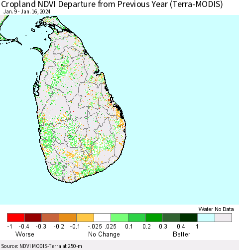 Sri Lanka Cropland NDVI Departure from Previous Year (Terra-MODIS) Thematic Map For 1/9/2024 - 1/16/2024
