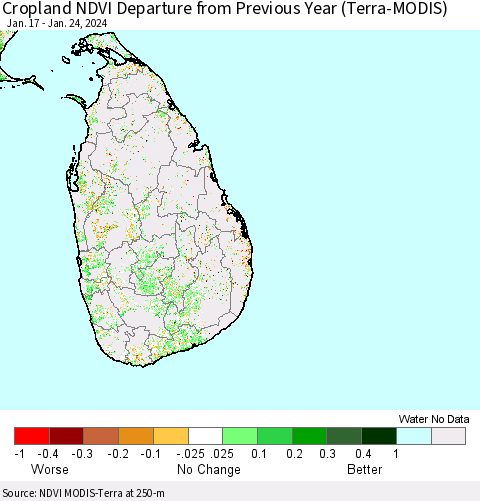 Sri Lanka Cropland NDVI Departure from Previous Year (Terra-MODIS) Thematic Map For 1/17/2024 - 1/24/2024
