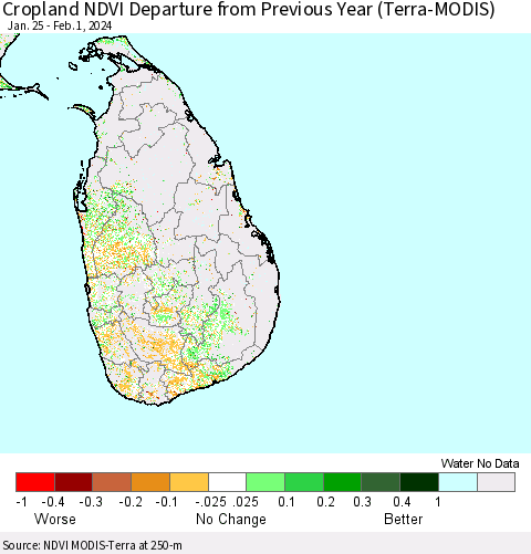 Sri Lanka Cropland NDVI Departure from Previous Year (Terra-MODIS) Thematic Map For 1/25/2024 - 2/1/2024
