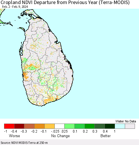 Sri Lanka Cropland NDVI Departure from Previous Year (Terra-MODIS) Thematic Map For 2/2/2024 - 2/9/2024