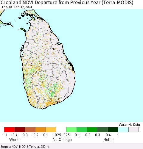 Sri Lanka Cropland NDVI Departure from Previous Year (Terra-MODIS) Thematic Map For 2/10/2024 - 2/17/2024