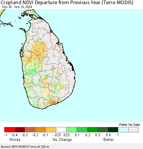 Sri Lanka Cropland NDVI Departure from Previous Year (Terra-MODIS) Thematic Map For 2/18/2024 - 2/25/2024