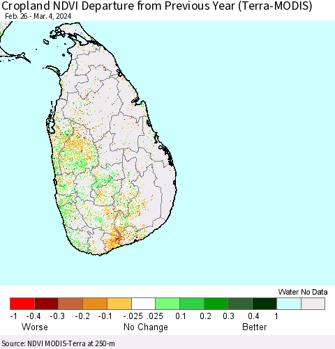 Sri Lanka Cropland NDVI Departure from Previous Year (Terra-MODIS) Thematic Map For 2/26/2024 - 3/4/2024