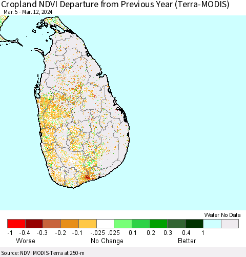 Sri Lanka Cropland NDVI Departure from Previous Year (Terra-MODIS) Thematic Map For 3/5/2024 - 3/12/2024