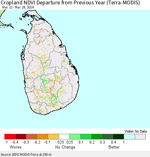 Sri Lanka Cropland NDVI Departure from Previous Year (Terra-MODIS) Thematic Map For 3/21/2024 - 3/28/2024