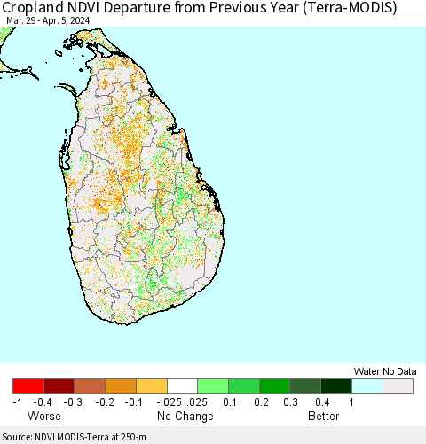 Sri Lanka Cropland NDVI Departure from Previous Year (Terra-MODIS) Thematic Map For 3/29/2024 - 4/5/2024